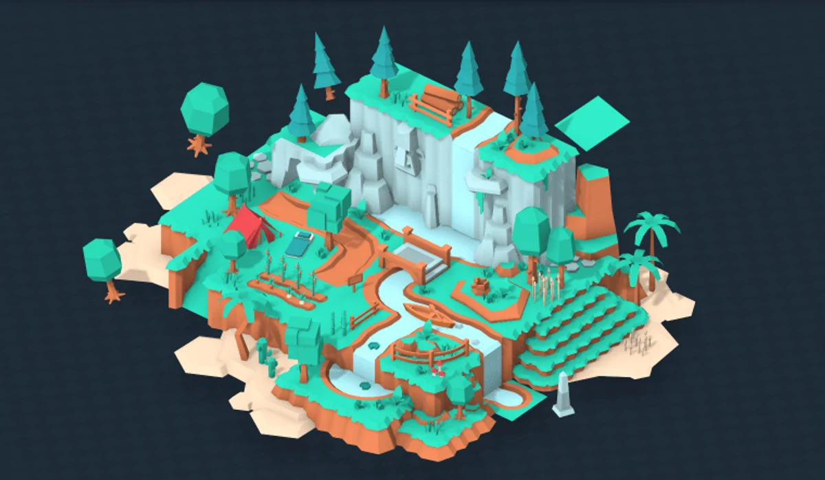 A colorful low-poly island created from Kenney's free Nature Kit